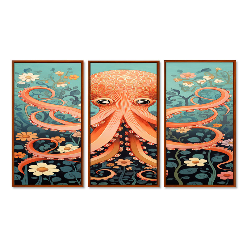 Manahan - ensemble de reproductions d'art mural pieuvre / calmar, Cadre flottant brun, H 28 po x l 36 po x P 1 po