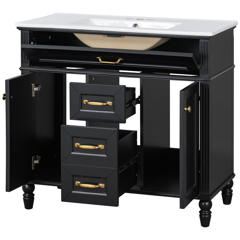 Ensemble de meuble-lavabo simple sur pied 36 po avec lavabo en céramique, armoire avec portes à fermeture en douceur, plateau basculant et 2 tiroirs