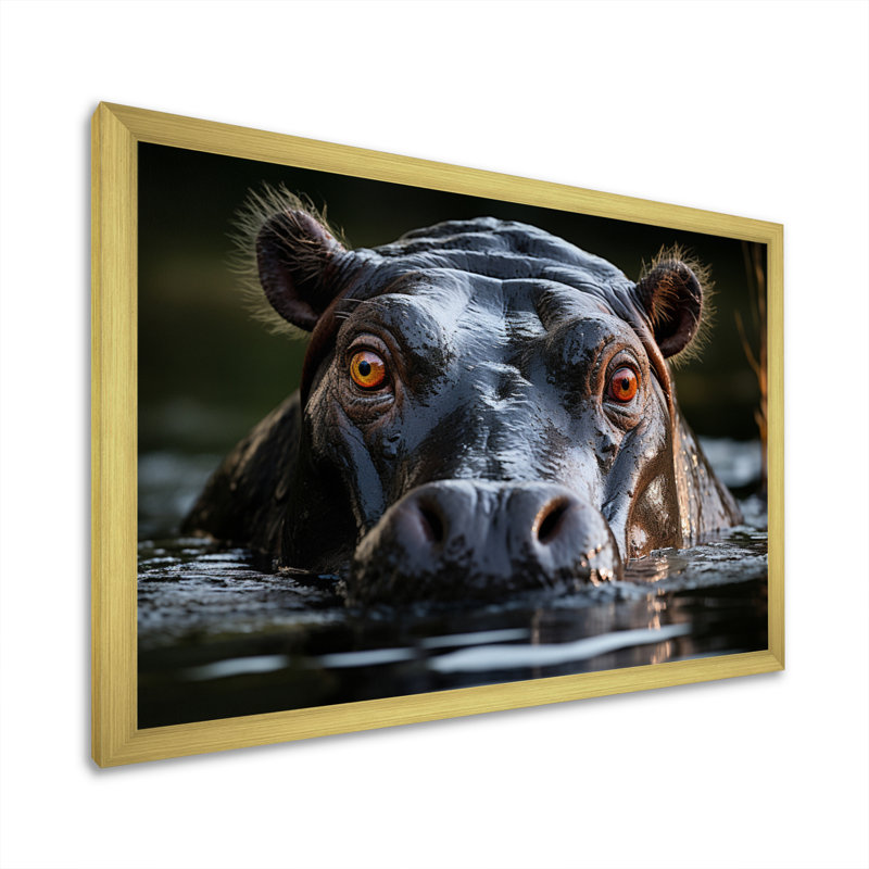 Hippopotamus Portrait Monochrome - Animals Canvas Art Print, H 34 po x l 44 po x P 1,5 po, Encadrement doré