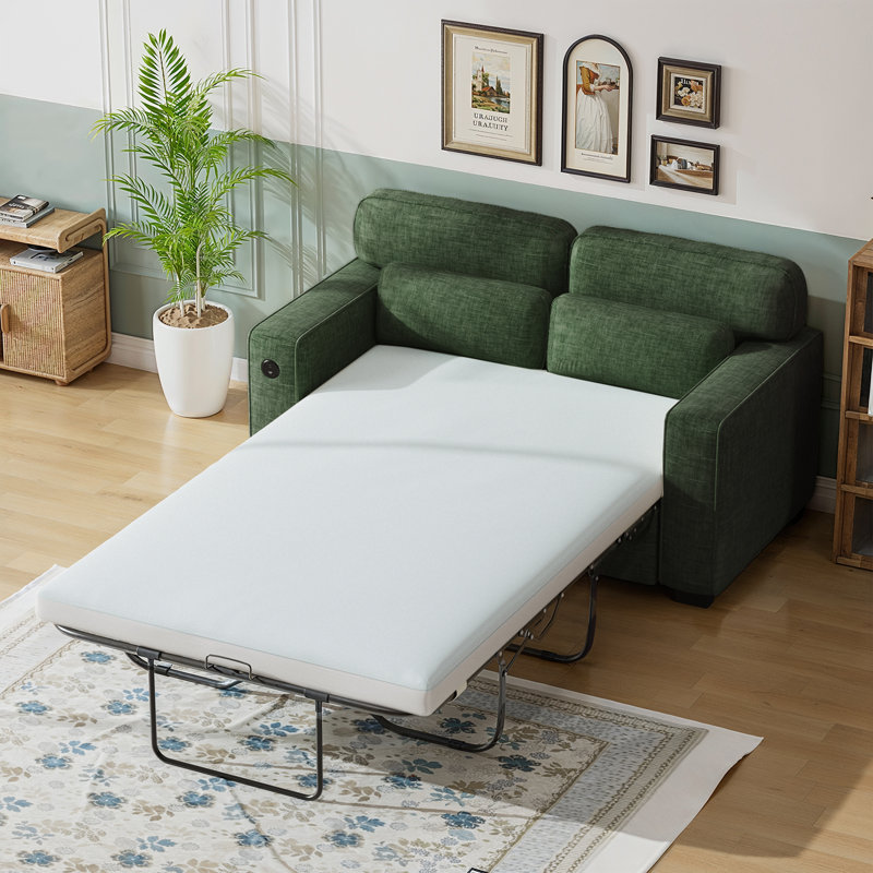 Pull Out Sofa Bed, Sleeper Sofa with 2 USB Charging Ports, Comfortable Loveseat Sleeper with Removable Covers, Green