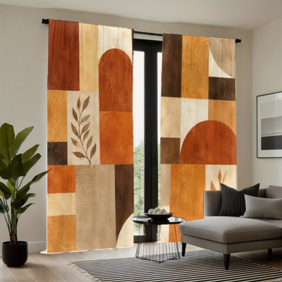 2PCS Rod Pocket Light Filtering Curtains, Retro Earth Tone Arch Square Abstract Geometric Leaf Botanical Printed Drapes, Vintage Seasonal Decor, All Season Window Treatments for Living Room Bedroom Dorm Home Decoration