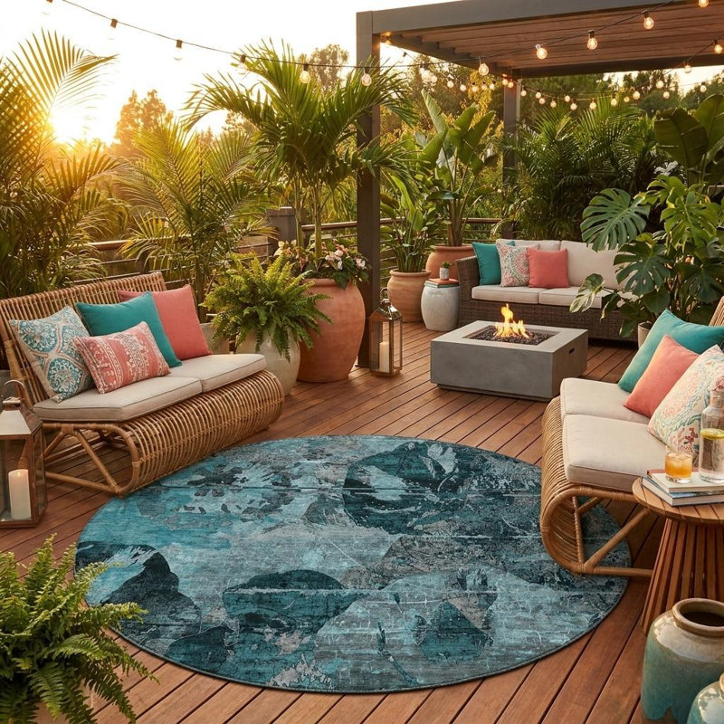 Tapis d'intérieur rond antidérapant rond 8 pi bleu sarcelle et gris