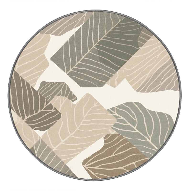 Tapis gris scandinave lavable à la machine à motif de feuilles de violon parrilla, Rond 5 pi