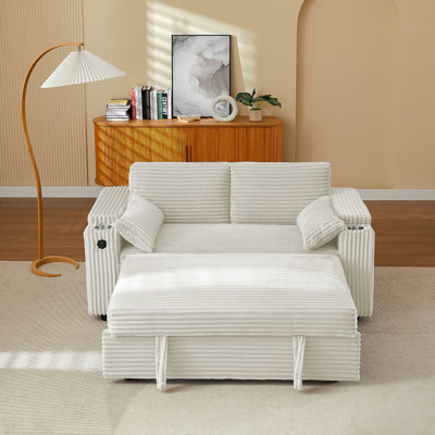 Beige Loveseat Sleeper Sofa With Storage Armrest ,USB Port