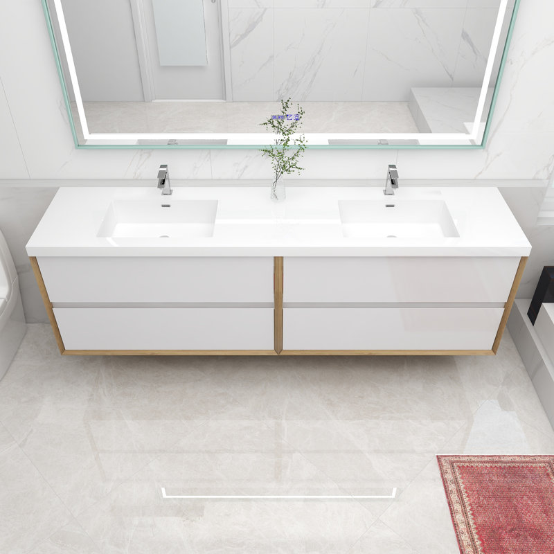 Ensemble de meuble-lavabo double mural 84 po Asaya, Blanc lustré
