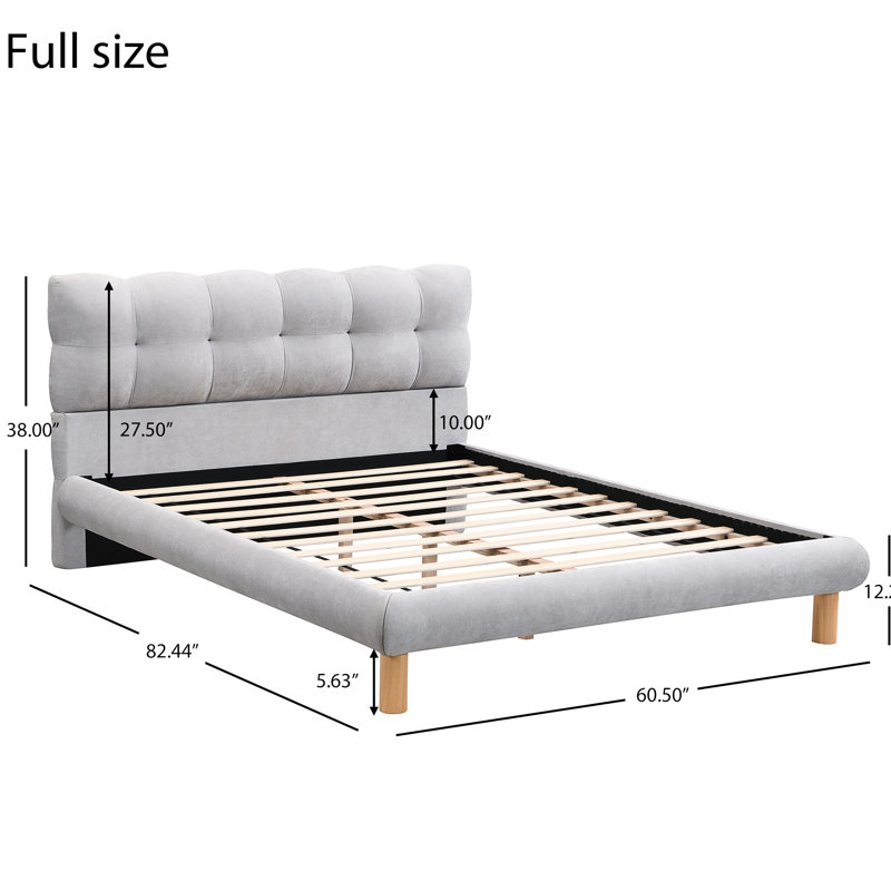 Confortable lit double gris avec tête de lit distinctive en forme de biscuit et structure stable en chenille
