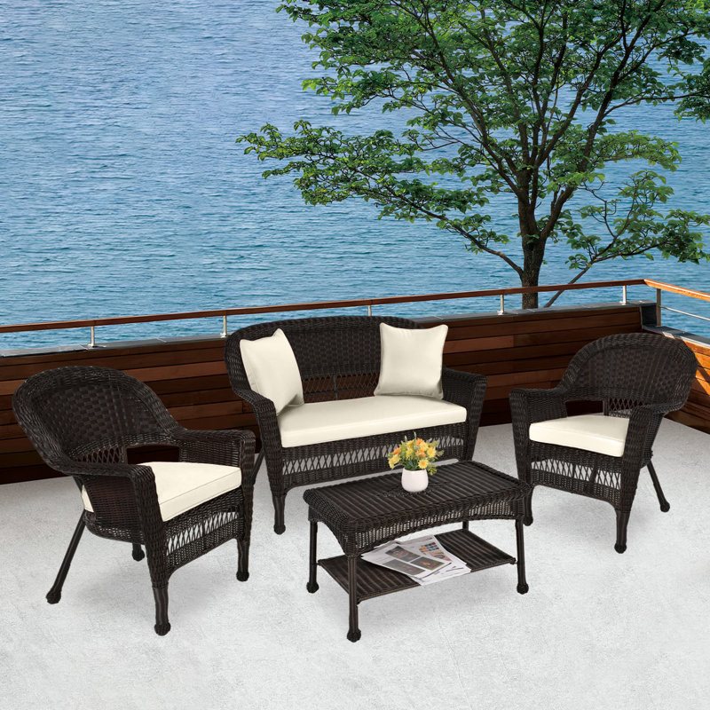 Cecilton 4 Piece Rattan Sofa Seating Group , Espresso, Ivory