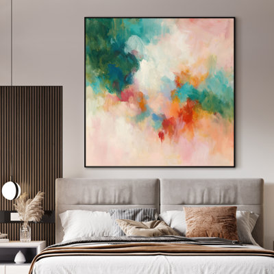 Très grand imprimé abstrait coup de pinceau abstrait éclatant - bleu sarcelle audacieux, rose et orange, décoration moderne pour le salon ou la chambre à coucher, très grande impression murale encadrée (assemblage requis)