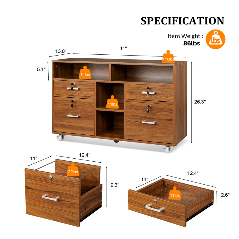 Audri 40.95'' Wide 4 -Drawer Mobile File Cabinet, Walnut