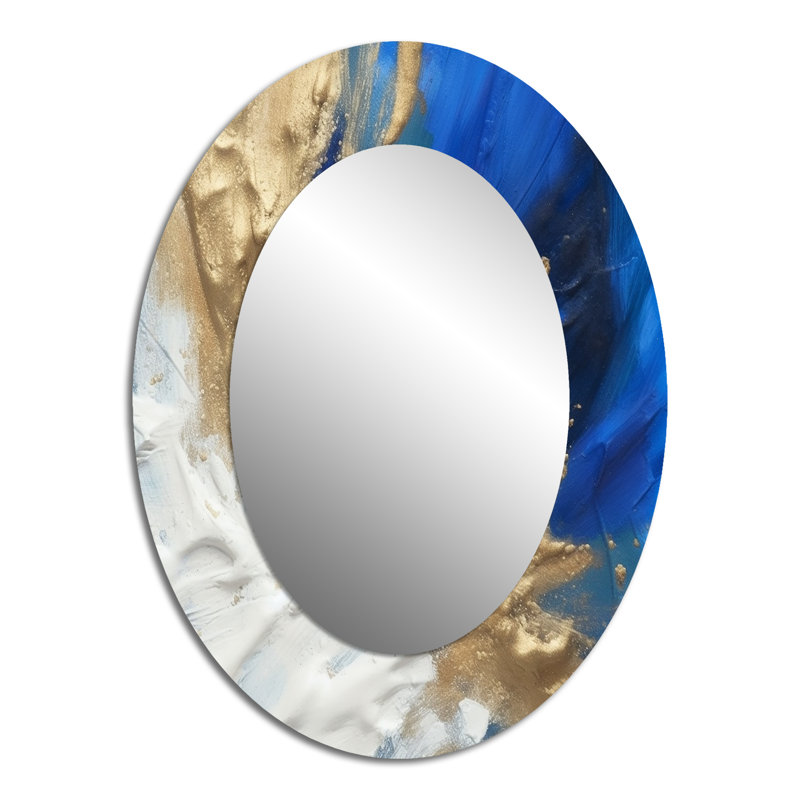 Transcendence Abstract In Blue And Gold II - Abstract Oval Decorative Mirror On Metal, 40" x 30"