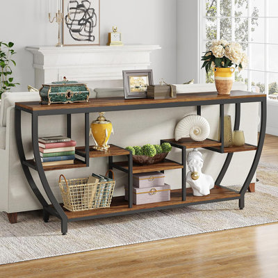 Console industrielle 70,9 po avec tablettes de rangement à 7 niveaux, table d'entrée très longue derrière le canapé, meuble télé - table d'appoint à structure métallique