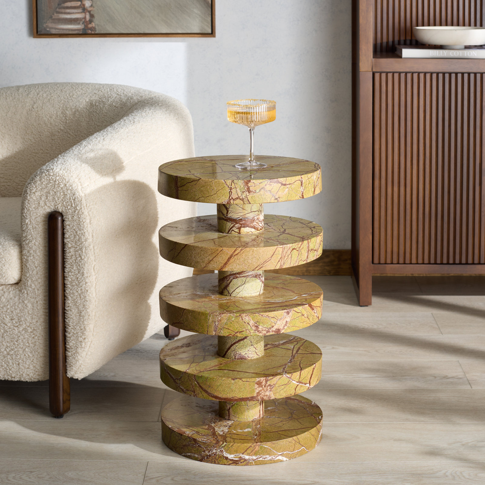 14" Genuine Marble End Table, Brown/Beige