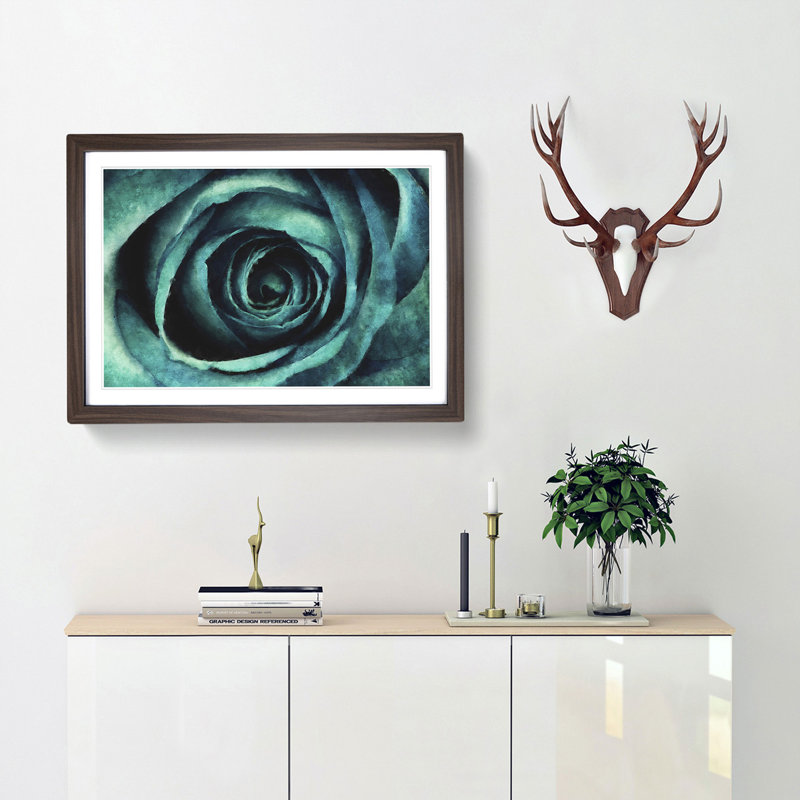 A Teal Rose - Picture Frame Painting Print, 62cm H x 87cm W x 2cm D, Walnut Framed