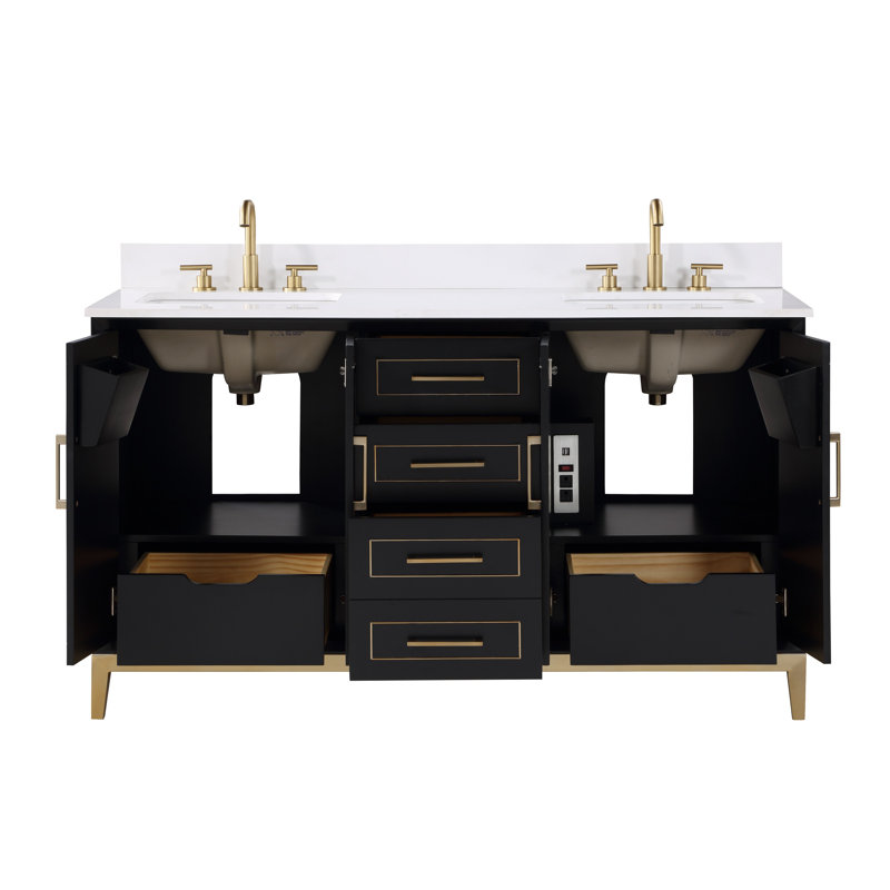 Gracie 60'' Double Bathroom Vanity with Top, Midnight Black, White Quartz