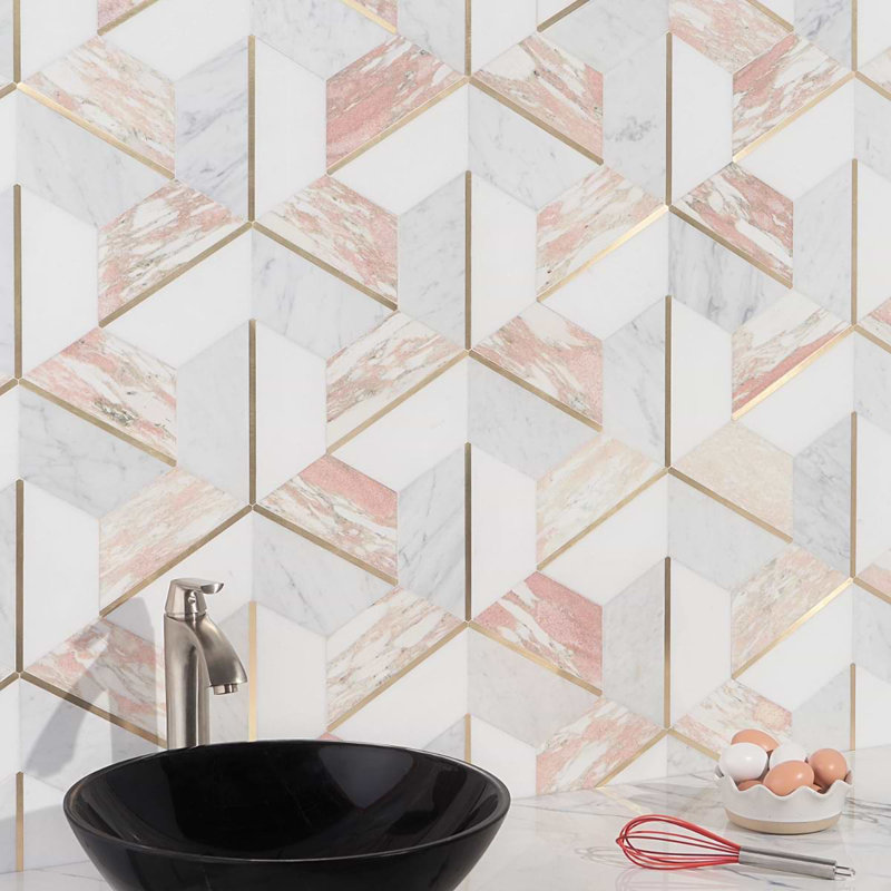 Decade 10x12 Hexagon Polished Marble and Brass Inlay Mosaic Tile