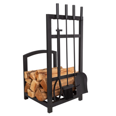 Steelside 5-Piece Fireplace Tool Set and Log Rack - Mission-Style Firewood Holder with Shovel, Broom, Tongs, and Poker for Hearth