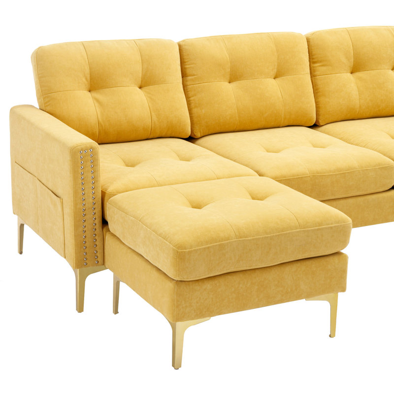 Canapé modulaire convertible en L 110 po avec repose-pieds mobile pour salon, Jaune