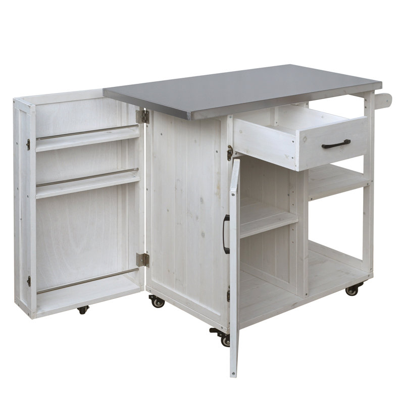 Îlot de cuisine en bois massif avec plateau en acier inoxydable, chariot de cuisine verrouillable avec grand espace de rangement, porte-serviettes et porte-épices pour le patio et l'extérieur