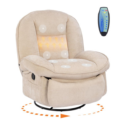 Swivel Rocker Recliner Massage & Heat, Oversized Chenille Chair with Side Pockets for Living Room & Bedroom, Milky Coffee