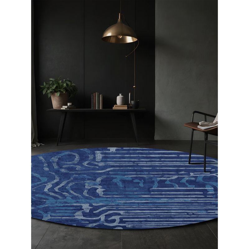 Tapis bleu soyeux et moelleux, Rond 8 pi