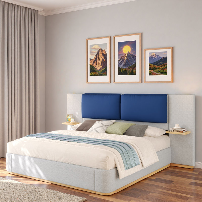 Lit plateforme tapissier avec tablettes, Grand lit, Beige/gris