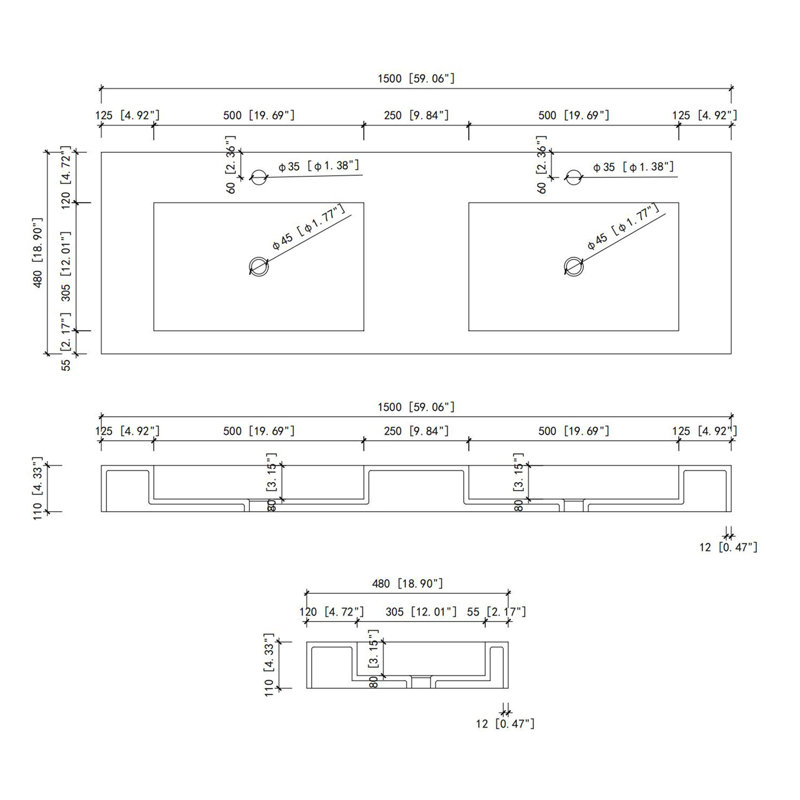 Lavabo de meuble-lavabo à surface en pierre et résine, H 4,3 po x l 59,1 po x P 18,9 po, Blanc mat