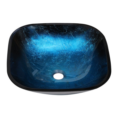 16.75" Square Tempered Glass Vessel Sink Set, Blue Ocean Pattern Above Counter Bathroom Sink with Black Faucet & Drain