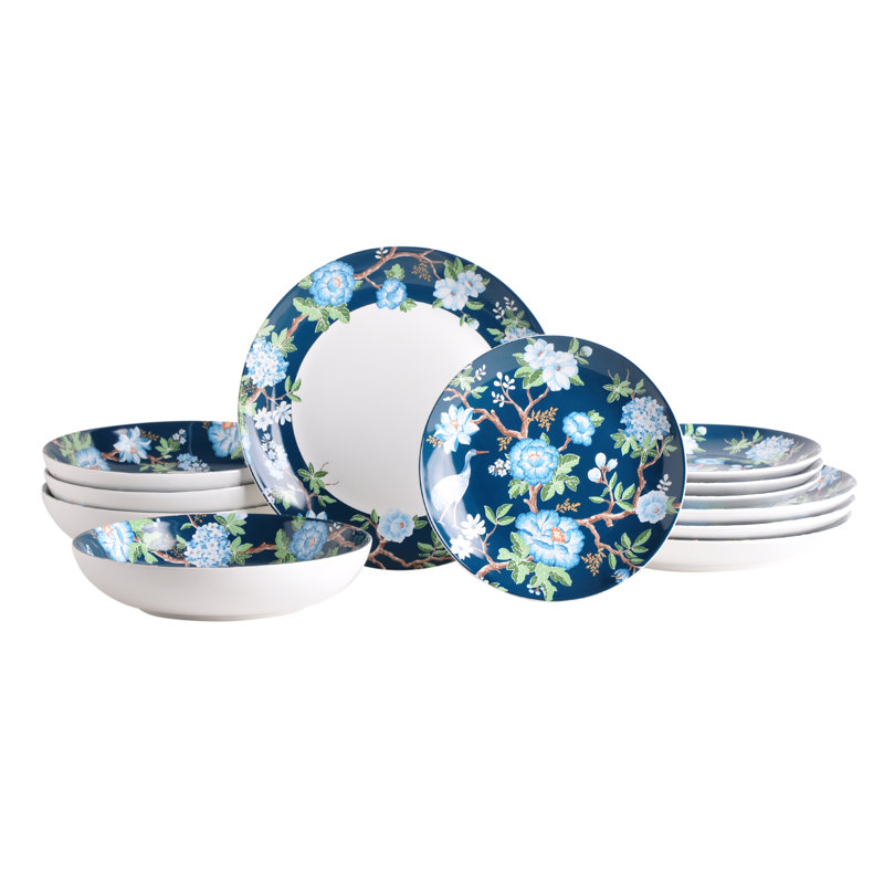 Service de table en porcelaine bleue 12 pièces 222 Fifth Nightingale - Service pour 4, ensemble de 4 assiettes et bols