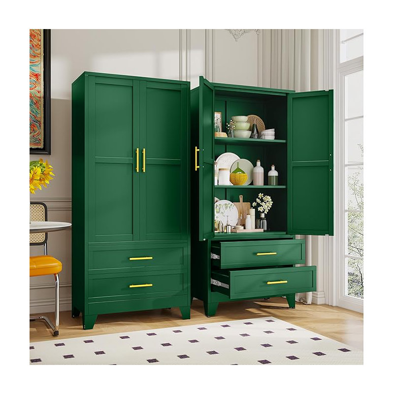 71" Tall Metal Pantry Cabinet, Steel Storage Cabinets with 2 Doors, 2 Adjustable Shelf and 2 Drawers, Used as Kitchen Cabinet, Freestanding Cupboard for Kitchen, Office, Living Room (Green)