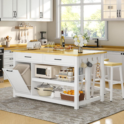 47" Sturdy Kitchen Island with Trash Can Storage, 2 Bar Stools, Power Outlet, and 2 Large Drawers by Ebern Designs