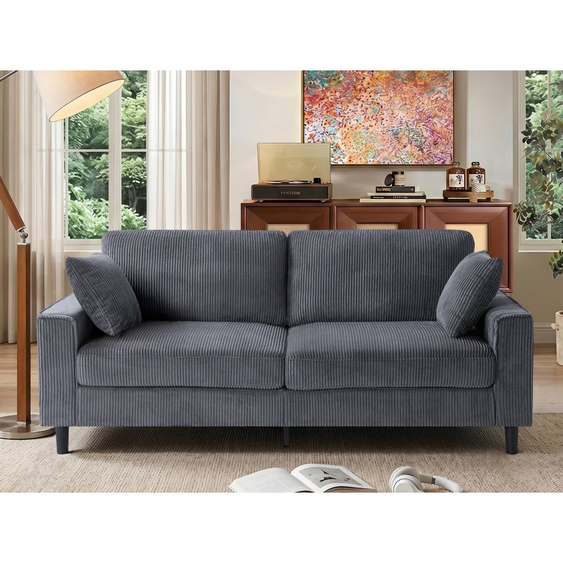 Canapé 82 po en velours côtelé 82 po avec 2 coussins, Gris