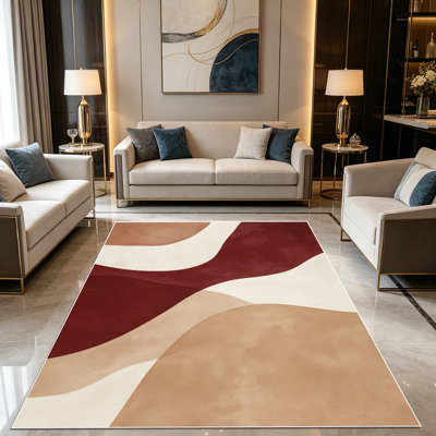 1PC Wavy Abstract Burgundy Neutral Colour Block area rugs for Living Room, Soft and Comfortable, Suitable for all seasons, easy-to-maintain, machine washable Indoor floor mat, Under Table Farmhouse suitable for dining room, bedroom, entryway, home