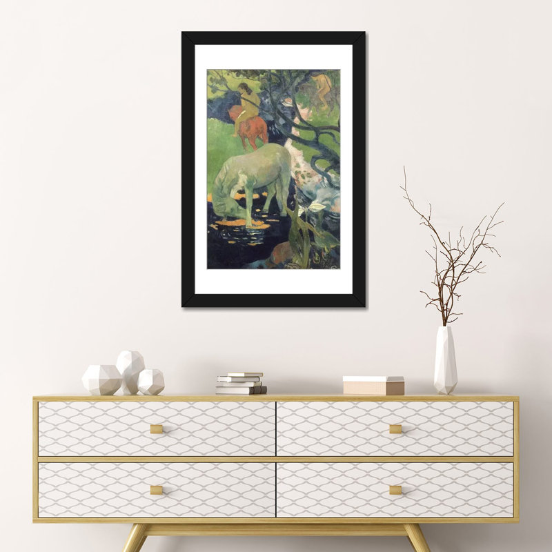 « the white cheval », reproduction sur toile, H 3 po x l 24 po x P 16 po, Papier d'art encadré noir, Blanc