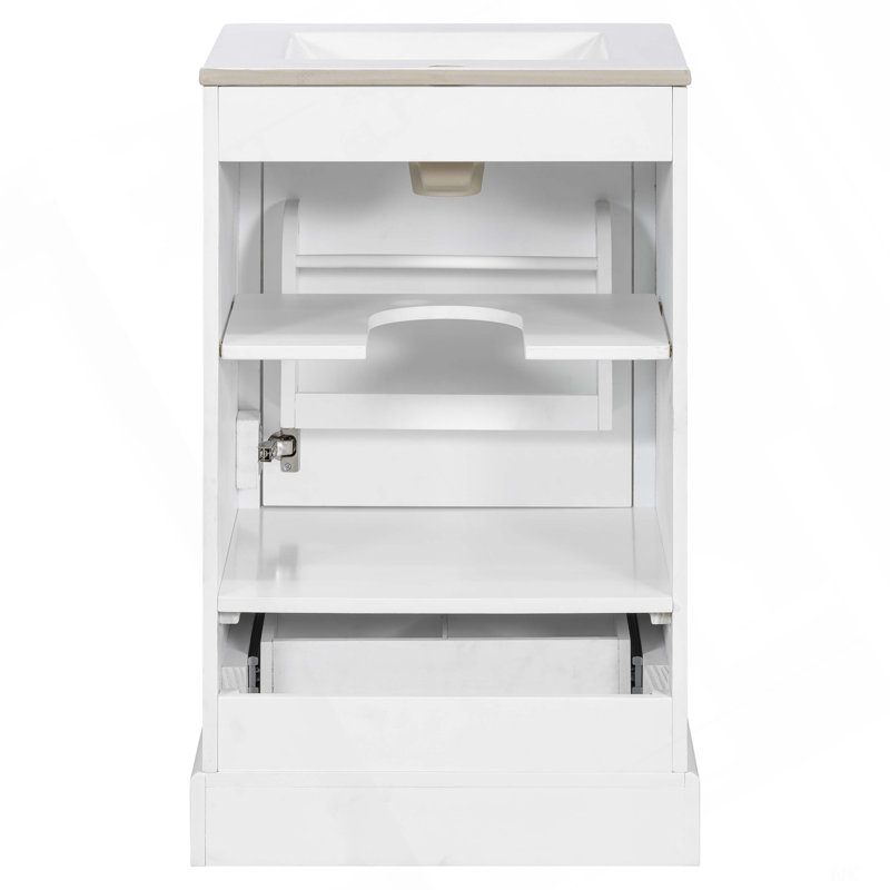 Meuble-lavabo de 20 po avec lavabo en céramique, porte à fermeture en douceur, tablette ajustable en forme de U, tiroir de compartiment et support de porte, style moderne, conception peu encombrante