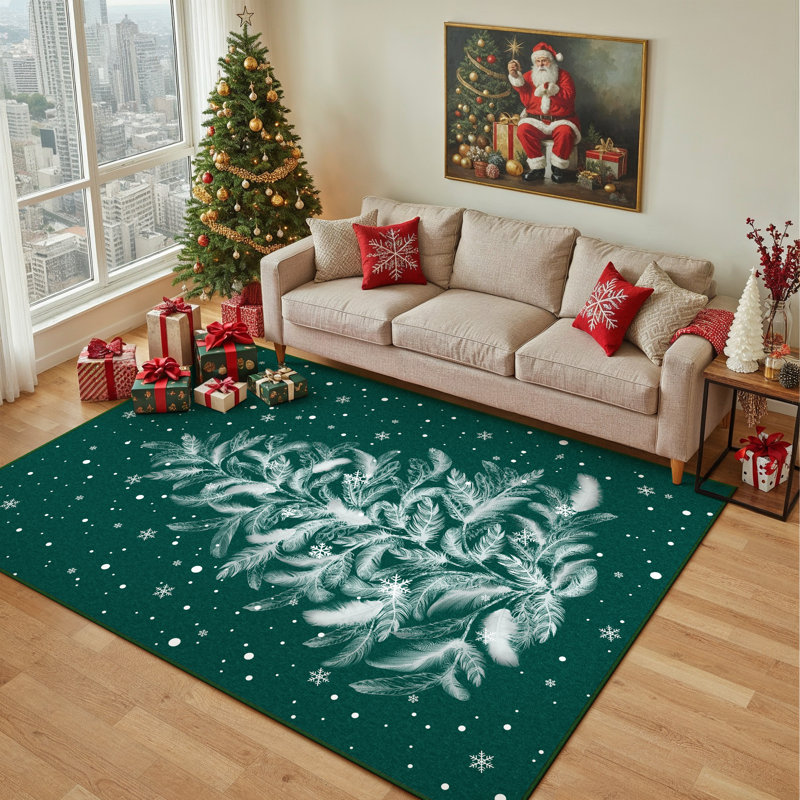 Tapis d'intérieur lavable à la machine Velora Green Feather Christmas Tree avec envers antidérapant, Rectangle 6 pi x 9 pi