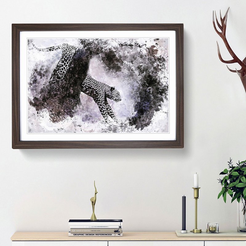 Leopard Climbing from a Tree in Abstract - Picture Frame Painting Print, 48cm H x 65cm W x 2cm D, Walnut Framed