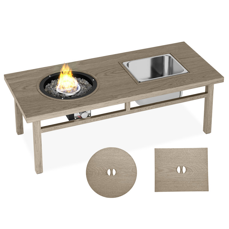 3-in-1 Coffee Table with Ice Bucket and Fire Pit, Beige