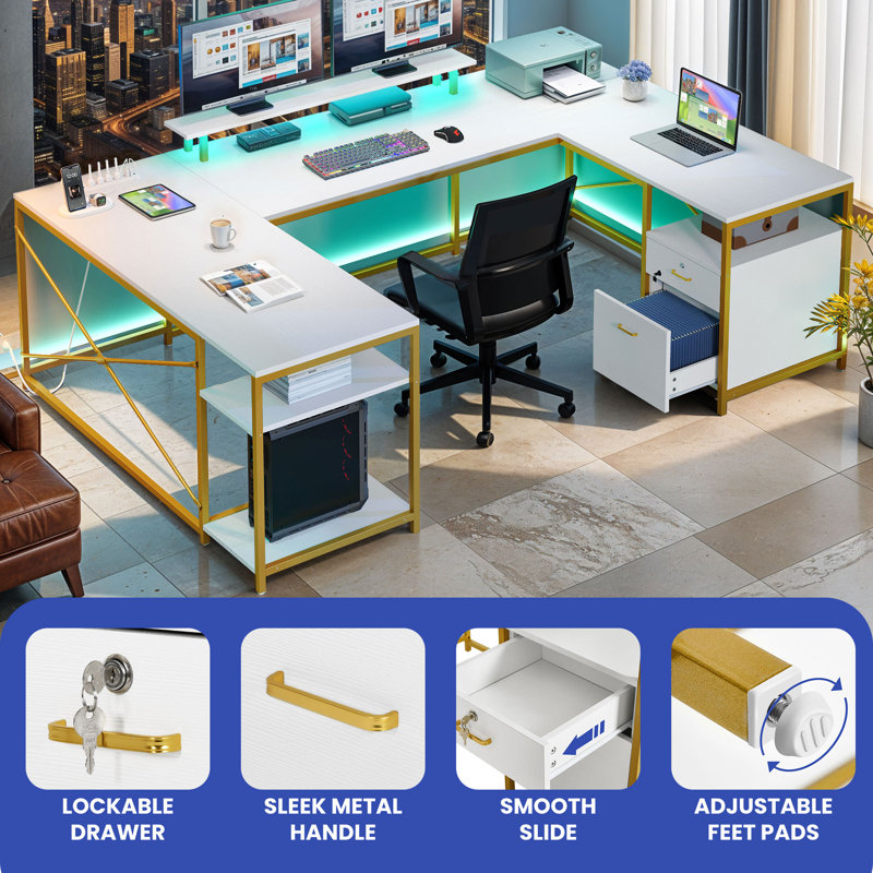 Lannes U-Shaped Metal Base Computer Desk with Power Outlet, White