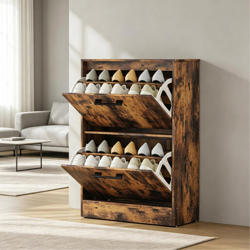 Armoire à chaussures 2 tiroirs rabattables avec diviseurs réglables, Brun rustique