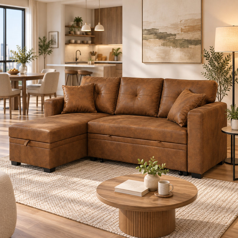 Canapé-lit modulaire convertible de 71 po avec méridienne réversible et lit escamotable, tissu respirant brun clair, facile à assembler et peu encombrant