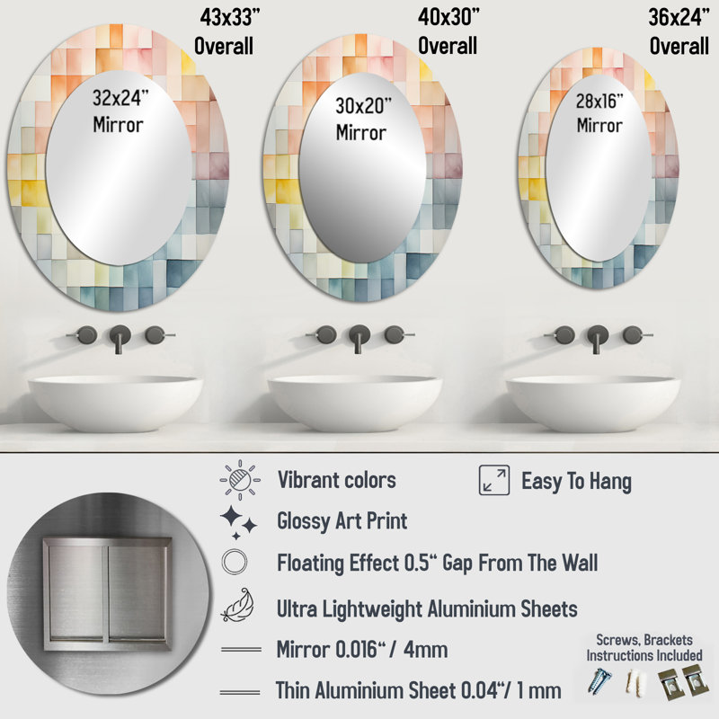 Multicolor cubes patterns II - Multi-Color Modern Oval Wall Mirror, 43" x 33"