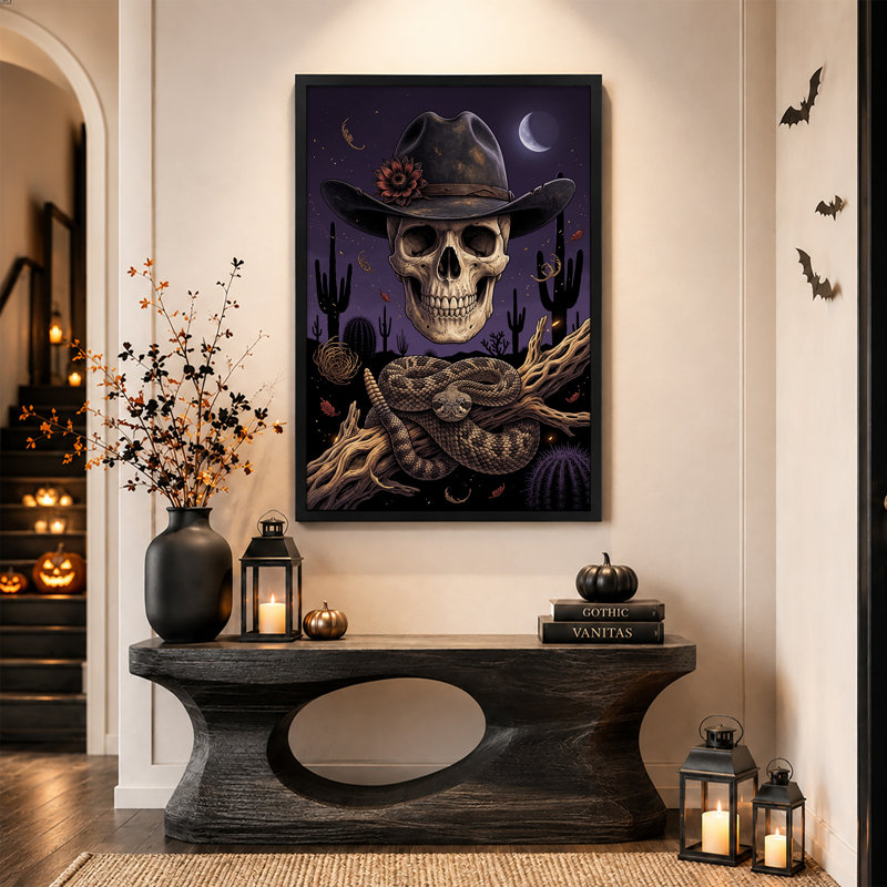 «Cowboy Hat Skull Rattlesnake Desert Night», art sur toile, H 18 po x l 12 po