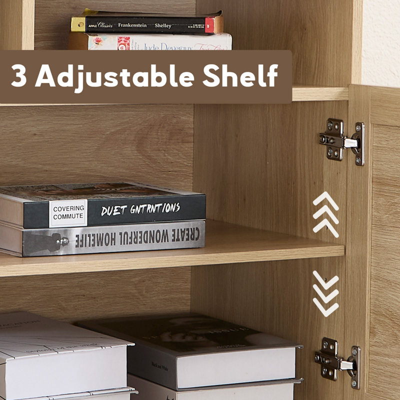 63'' W Modern Storage TV Stand with Woven Panel Doors, Open Shelves & Metal Legs, Natural Oak Finish