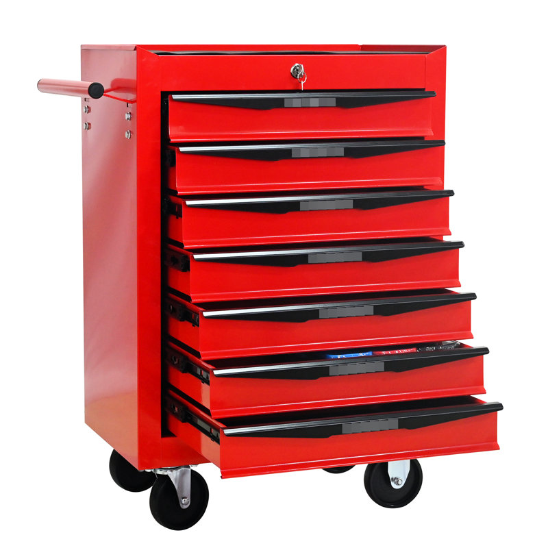 Chariot à outils à 7 tiroirs en acier laminé à froid rouge et noir, glissières à roulement, charge de 15 kg, 4 chariots pivotants avec dispositif de verrouillage en métal, capacité de chargement,