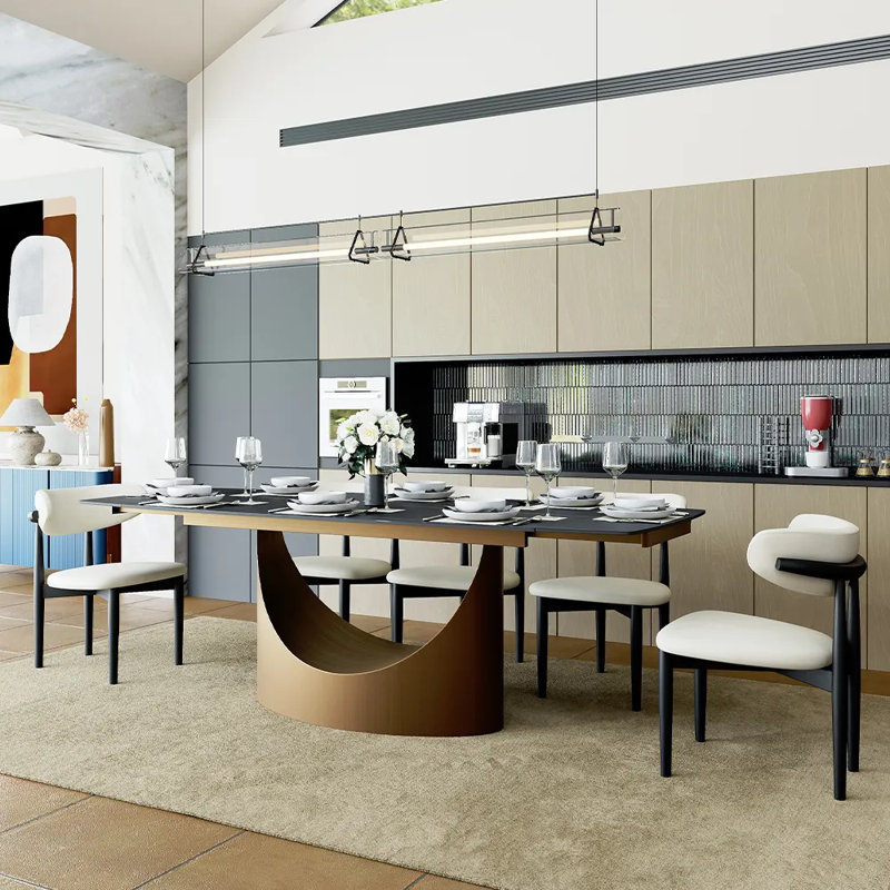 71"-95"Extendable Hobart Modern Dining Table For 6-10, Rectangular Sintered Stone Tabletop with Pedestal Base, Carbon Steel Leg