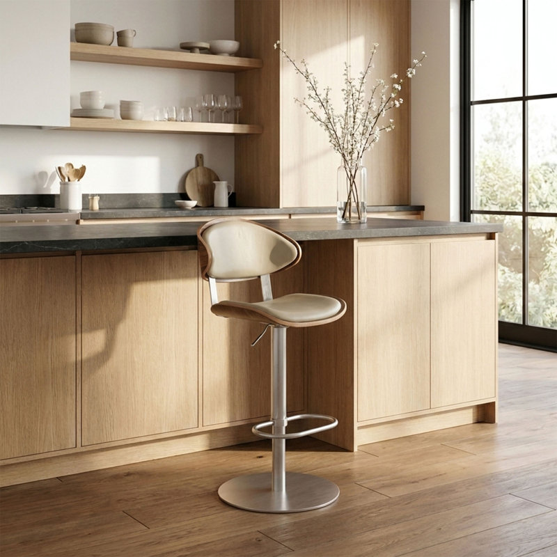 Tabouret de bar rotatif à hauteur réglable en simili cuir et noyer Marcel, Beige/Brushed Stainless Steel