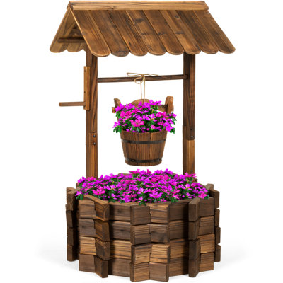 Camillya Rustic Wooden Wishing Well Planter Outdoor Patio, Garden, Yard with Hanging Bucket