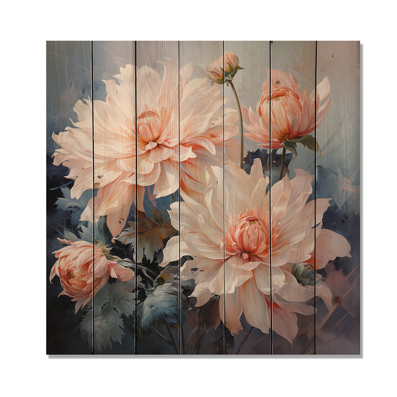 Impression romantique I - impression florale sur bois de pin naturel Peach Chrysanthemums, H 15 po x l 15 po x P 0,78 po