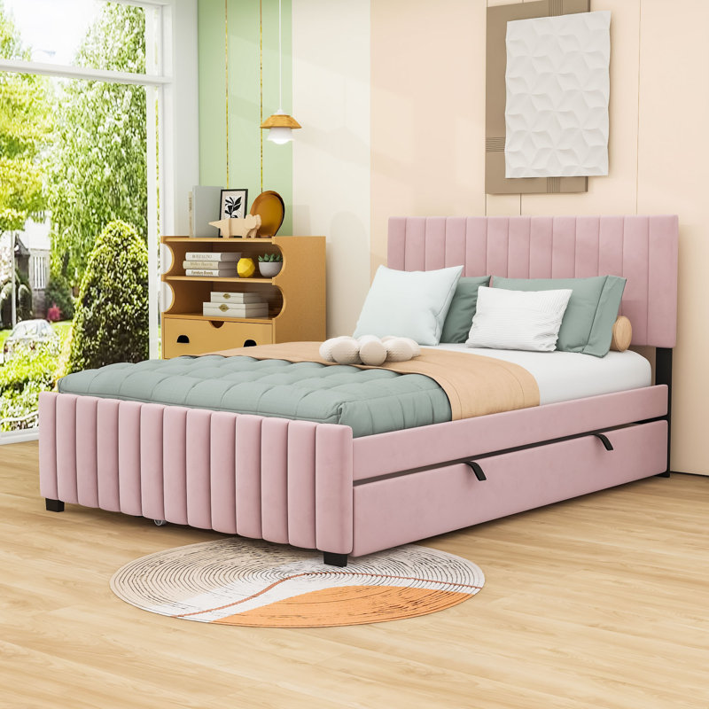 Grand lit plateforme tapissier avec lit gigogne simple TG et tête de lit, Pink
