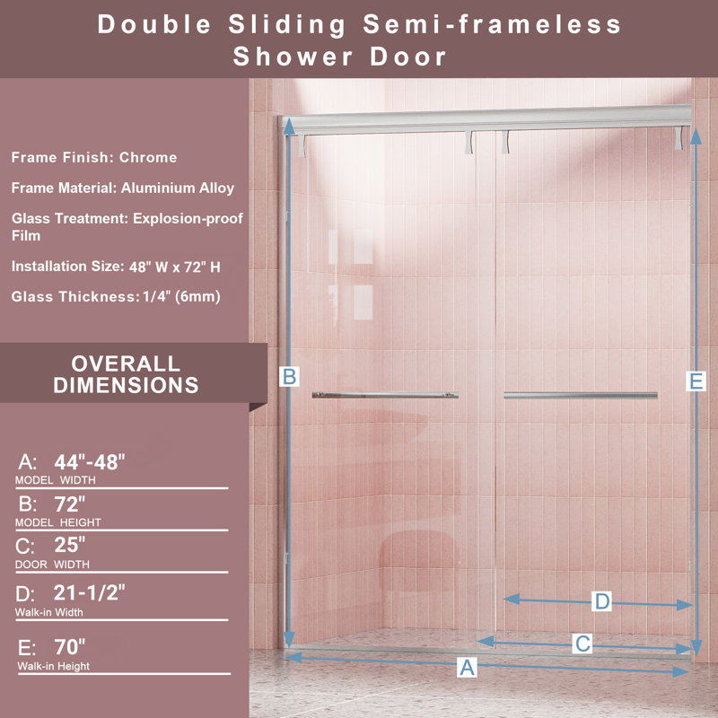 44-48 In. W X 72 In. H Semi-Frameless Shower Door, Double Sliding Shower Door, 1/4" (6Mm) Clear Tempered Glass Shower Door With Explosion-Proof Film